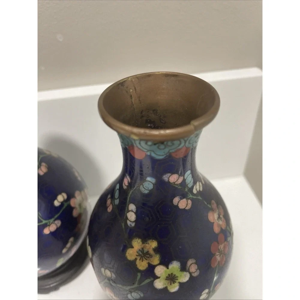 Pair 2‎ Chinese Cloisonne Cobalt Blue Cherry Blossom Floral Enameled Vases 5.5